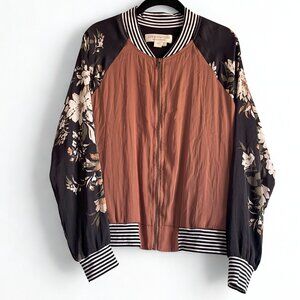 Saltwater Luxe by Anthropologie Floral Bomber Jacket Medium Rust Black Zip Front
